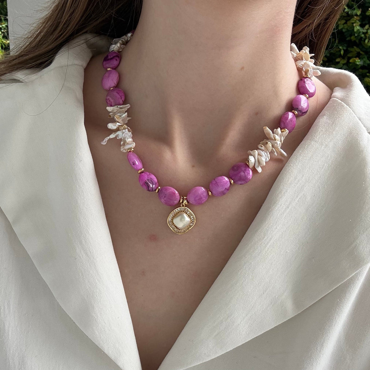 Colar Ágata Rosa e Madre Pérola
